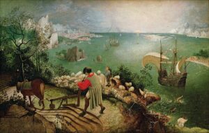«Пейзаж с падением Икара» (нидерл. «Landschap met de val van Icarus»). Питер Брейгель Старший (или его мастерская/круг), около 1560 г. / Московский антиквар