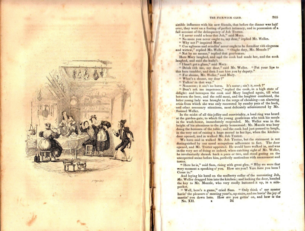 Фоксиги на развороте из второго американского издания (1838) книги Чарлза Диккенса, «Посмертные записки Пиквикского клуба»