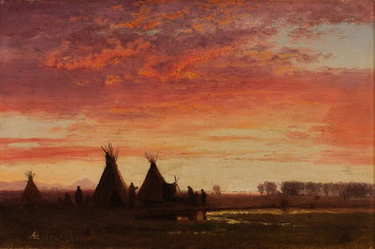 Новость о том, что Sotheby’s открывает юбилейный год серии аукционов «Visions of America» в Нью-Йорке. Изображение: картина Альберта Бирштадта «Закат над лагерем» (1859)
